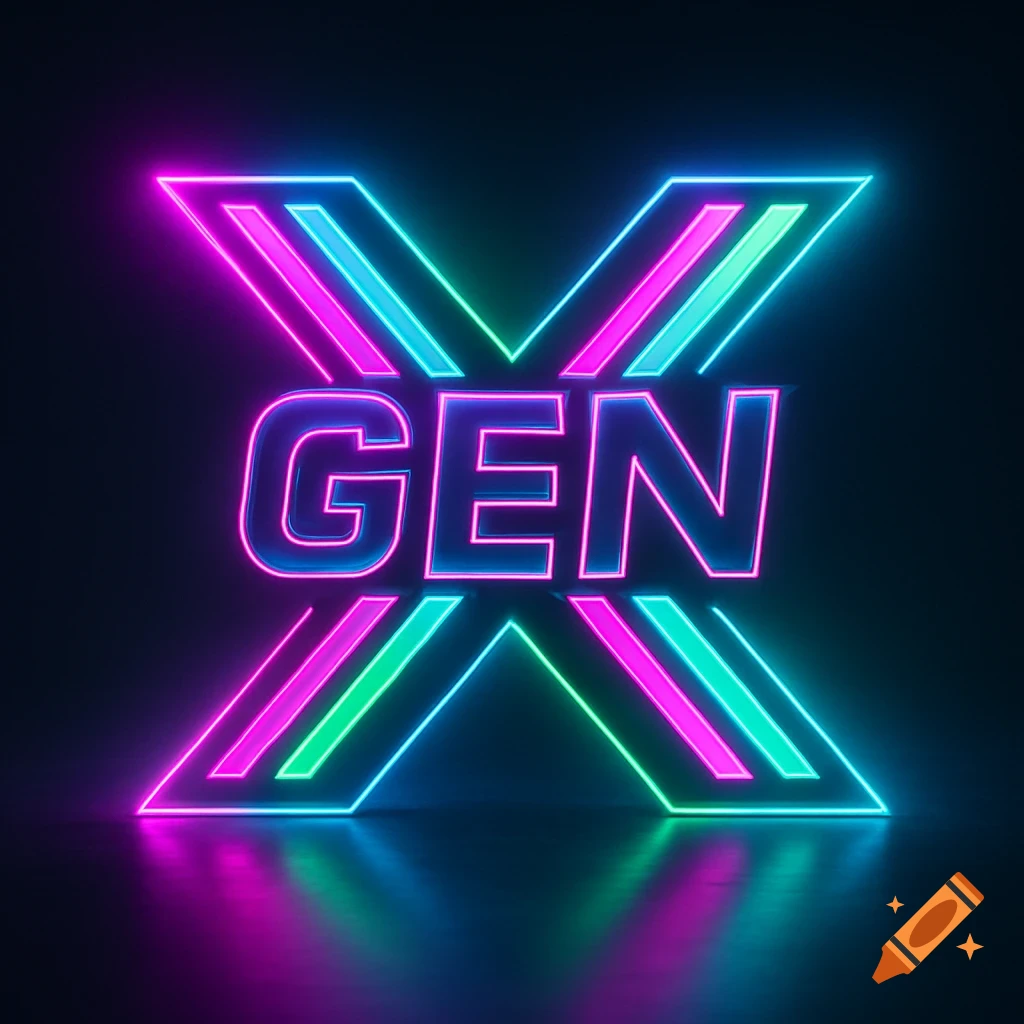 Neon light logo for Gen X in pink, blue, and green, reflecting on a dark surface.