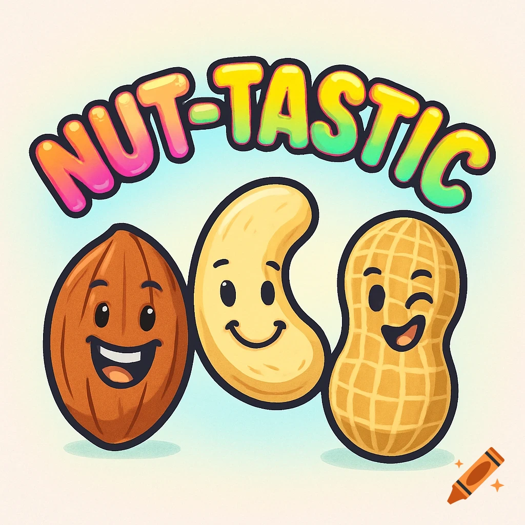 A colorful cartoon logo with "NUT-TASTIC" in arched bubble letters above a happy almond, cashew, and winking peanut.
