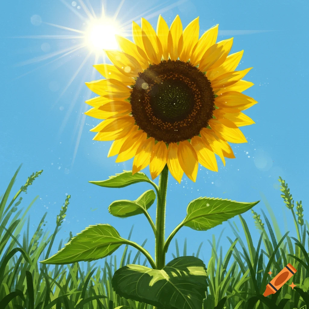 A vibrant illustration of a sunflower in a green field under a bright blue sky with the sun shining brightly.