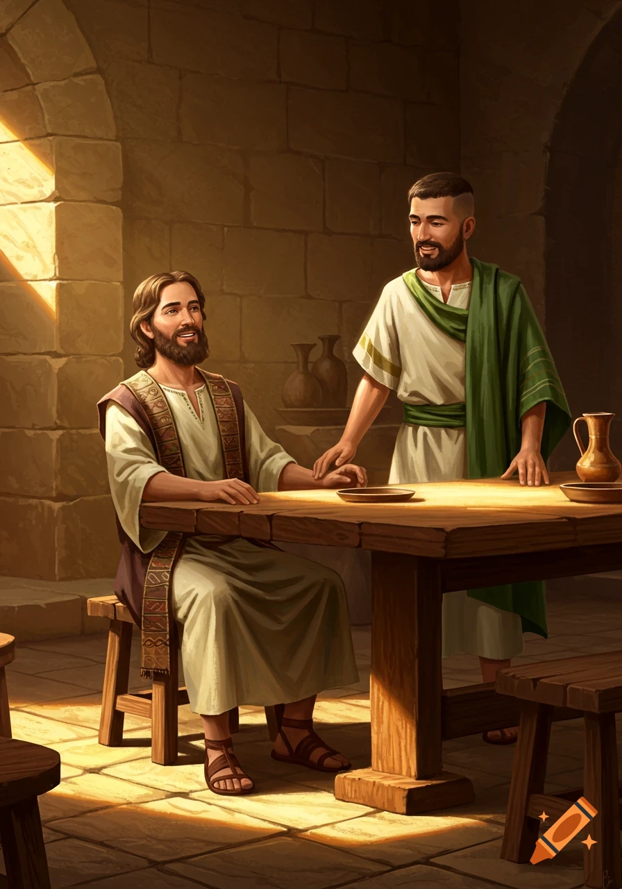 Illustration of two smiling men in ancient attire, one seated at a wooden table, the other standing, in a sunlit stone room.