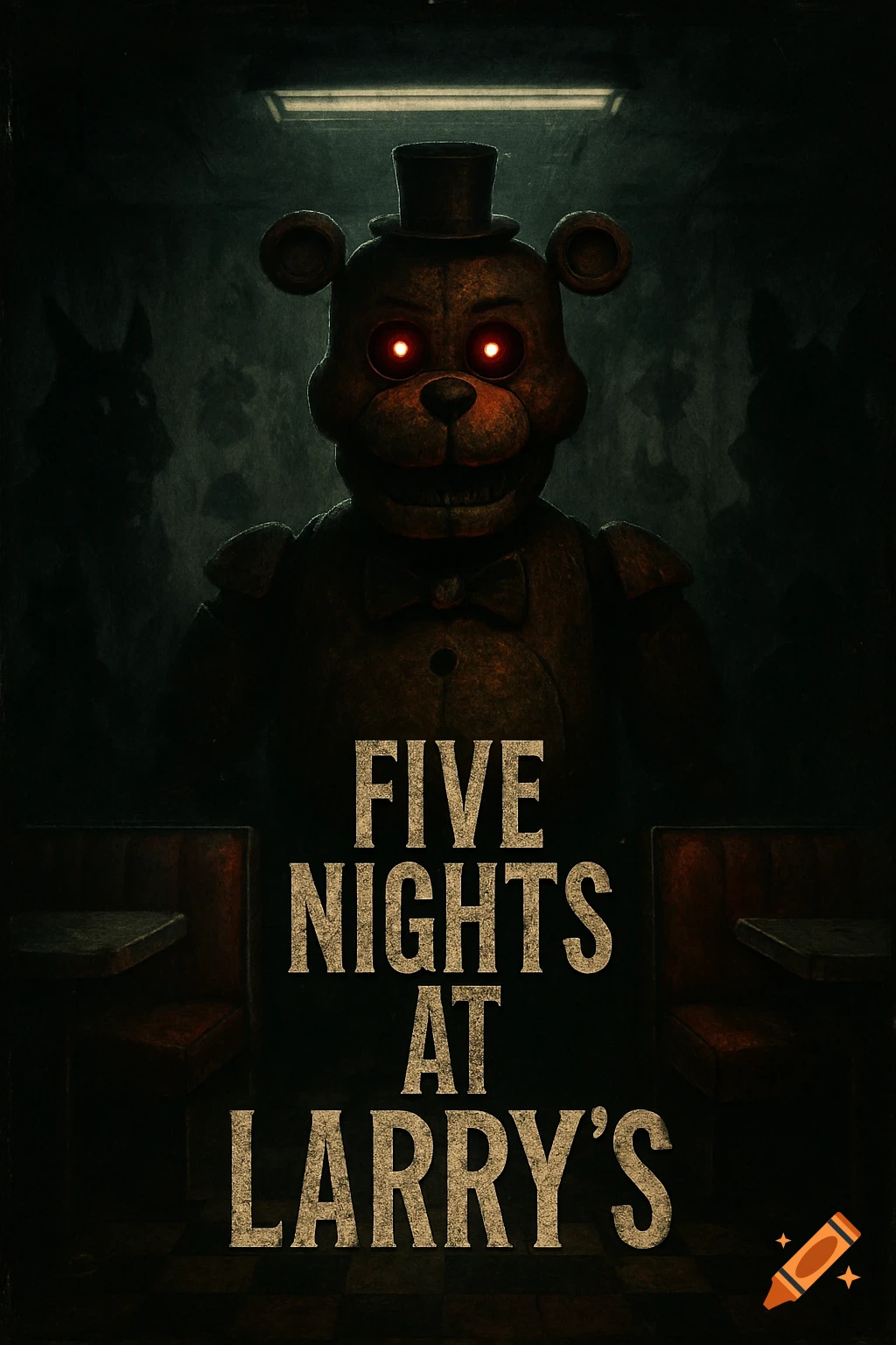 Dark, gritty movie poster for 'Five Nights at Larry's' featuring a creepy animatronic bear with glowing red eyes in a dark room.