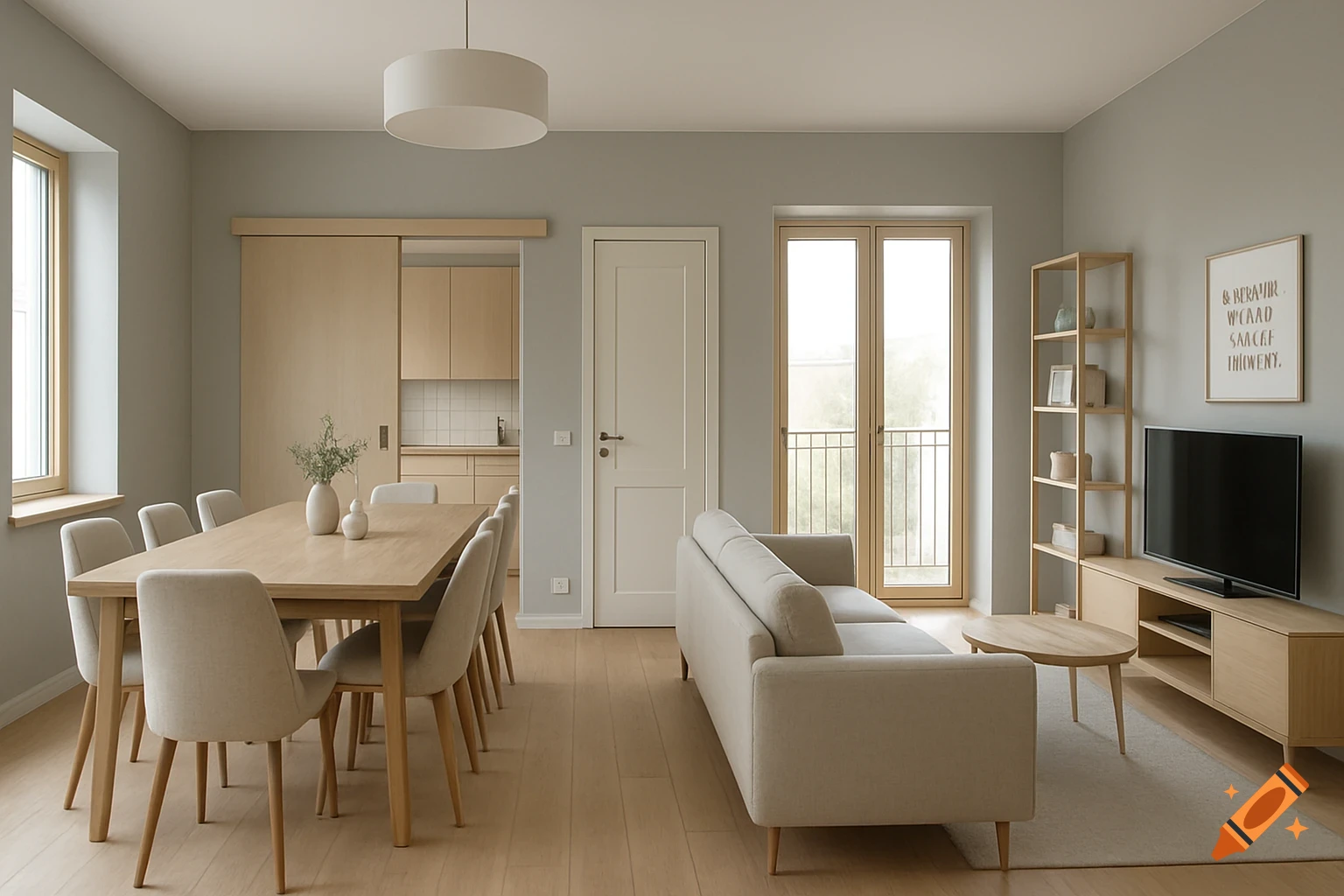 A modern Scandinavian living and dining room with light wood furniture, a sofa, and a long dining table.