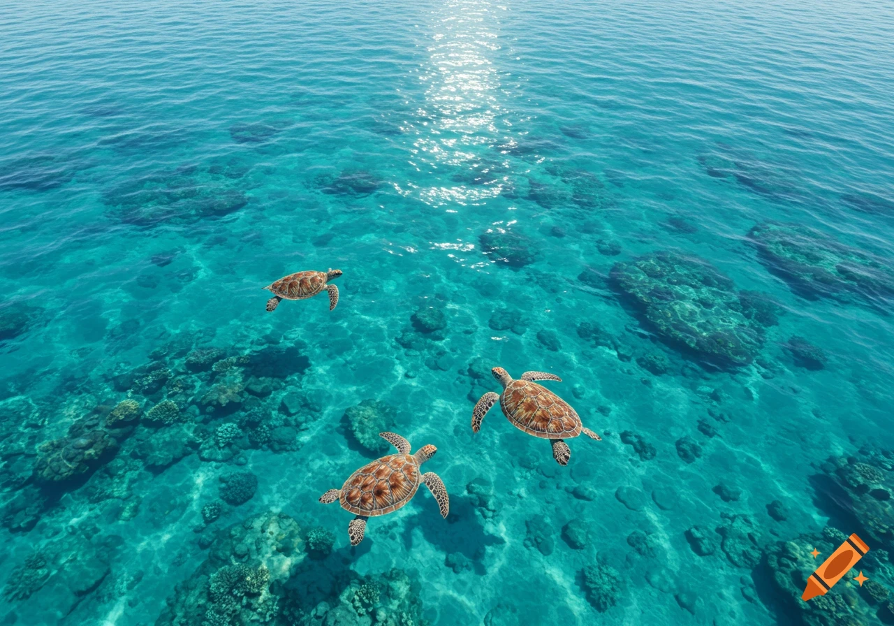 Three turtles swim in clear, bright blue ocean water above coral formations, viewed from above.