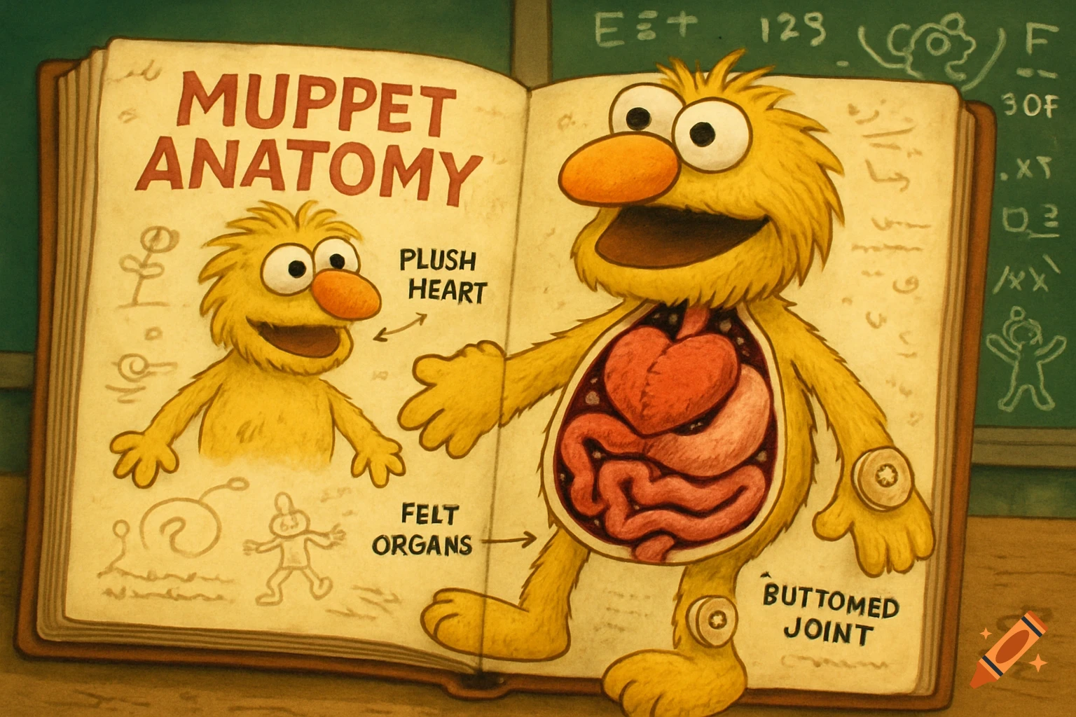 An open book titled "Muppet Anatomy" shows a yellow muppet with its chest open, revealing a plush heart and felt organs. Other sketches and labels point to features like a buttoned joint.