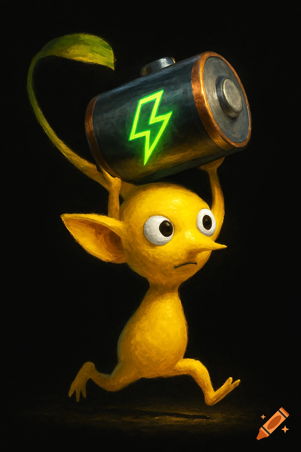 A yellow Pikmin with a leaf head carries a large battery with a glowing green lightning bolt symbol, in a painterly style.