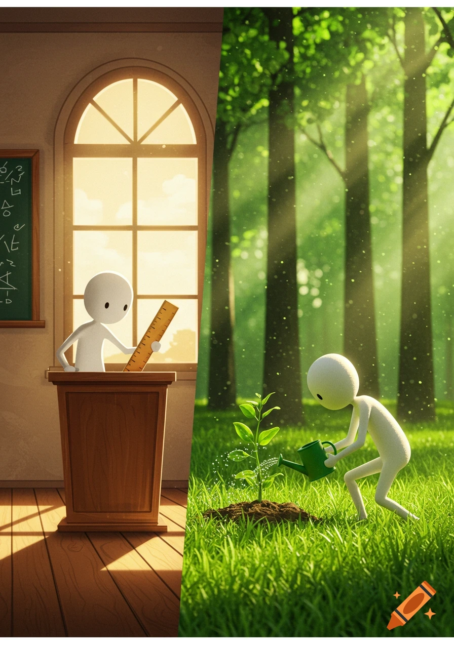 A split image shows a white stick figure teaching in a classroom and another watering a plant in a lush forest.