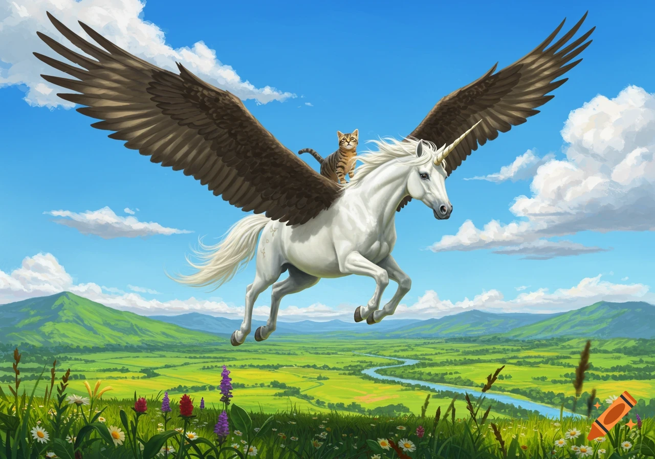 A tabby cat rides on the back of a majestic white unicorn with large brown eagle wings, flying over a vibrant green valley.
