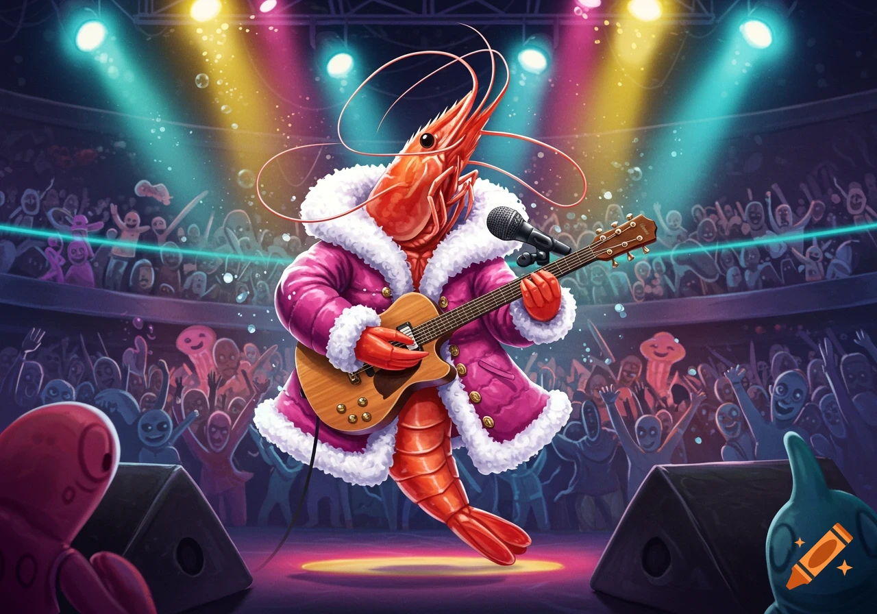 A cartoon shrimp in a pink winter coat plays an acoustic guitar on stage at a vibrant concert with a cheering audience.