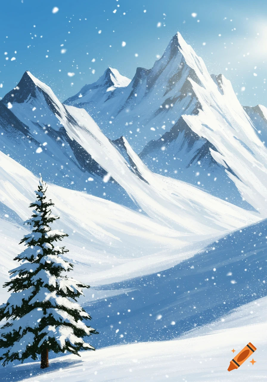 A stylized illustration of a snow-covered mountain range and a single pine tree, with snowflakes falling under a bright sky.