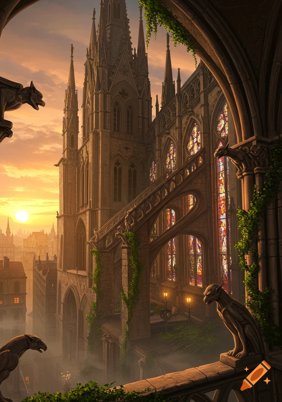 A detailed gothic cathedral with stained glass, gargoyles, and ivy, bathed in the orange light of sunset over a city.
