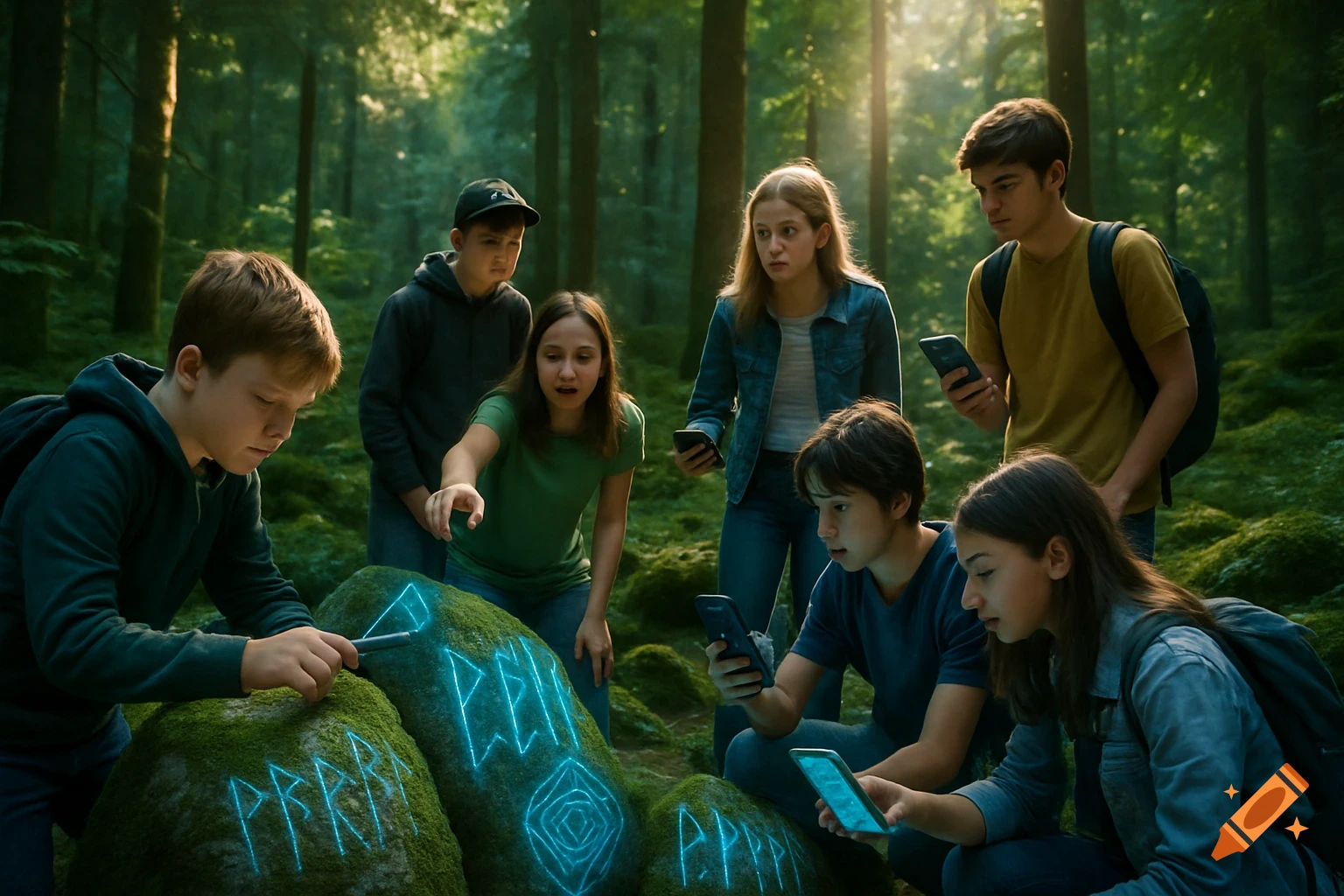 Kids and youth explore a mossy forest, looking at glowing runes on rocks and using smartphones for an augmented reality adventure.