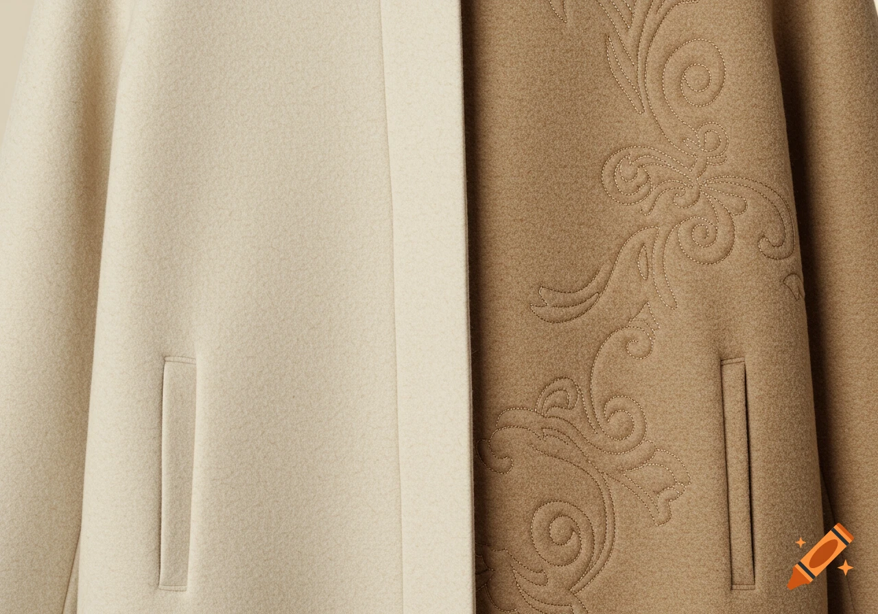 Close-up of a luxurious wool felt textile, half plain cream and half mocha with delicate embroidered patterns.