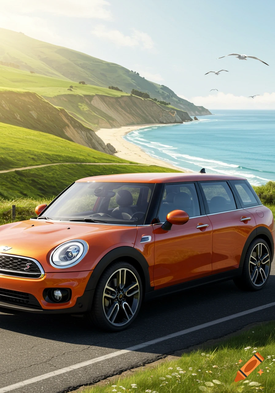 An orange Mini Cooper Clubman drives on a coastal road overlooking a beautiful beach and green hills under a sunny sky.