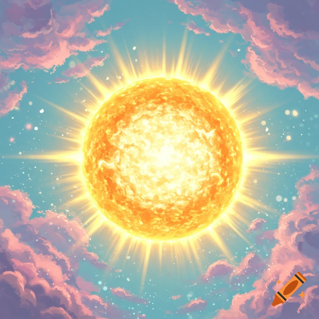 Vibrant illustration of a glowing orange sun radiating light in a blue sky with pink and purple clouds.