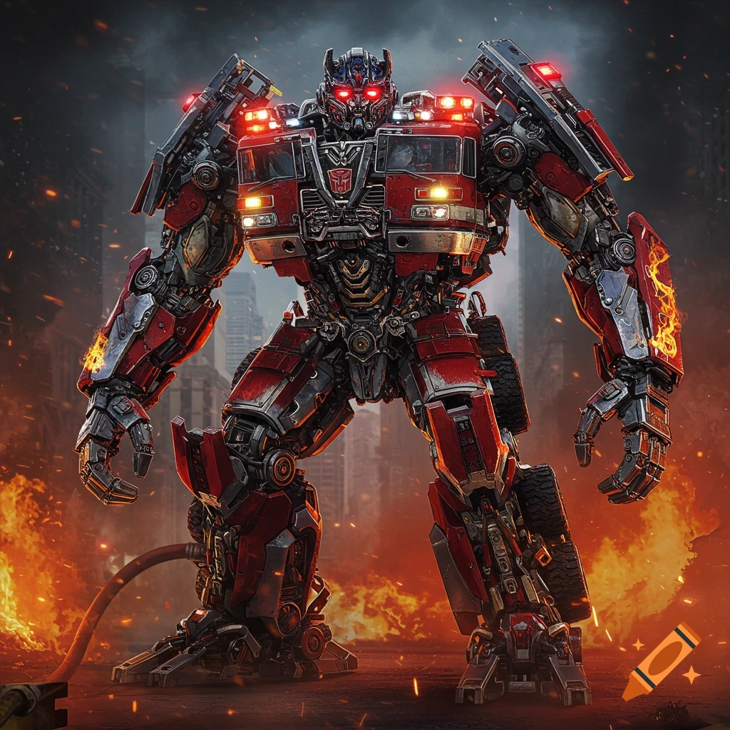 A powerful red and gray robot with glowing red eyes and lights stands amidst flames and smoke in a ruined city.