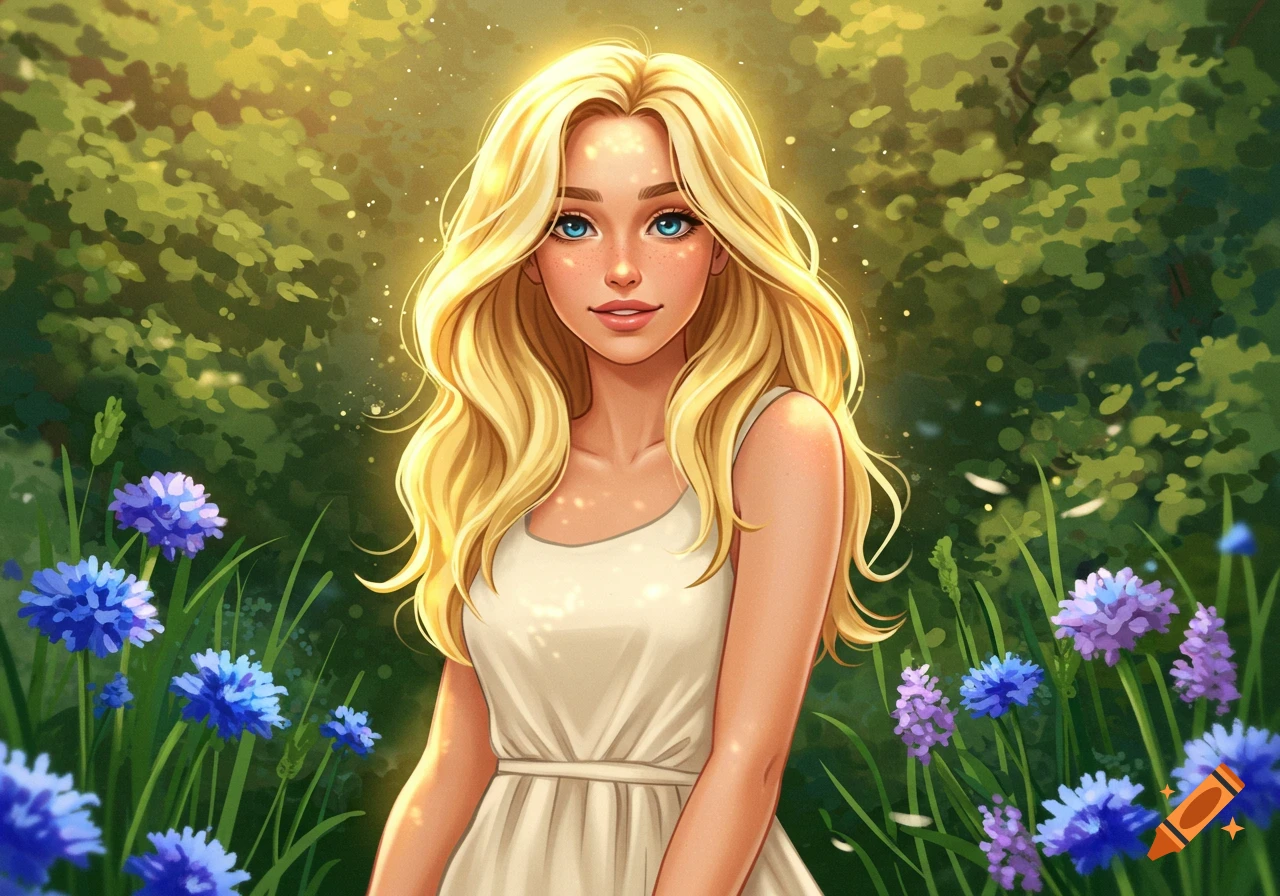 An illustration of a blonde woman with blue eyes and long wavy hair, wearing a white dress, standing in a sunny field of blue and purple flowers.