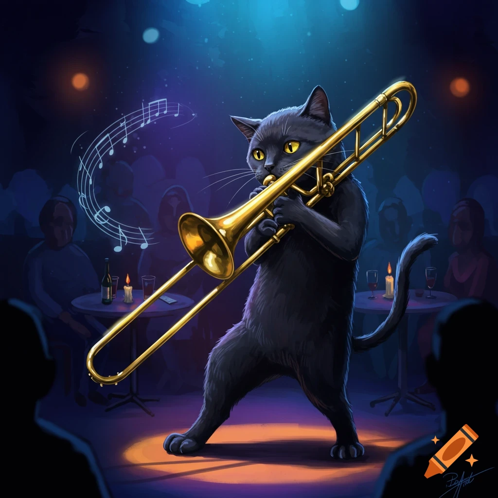 An anthropomorphic black cat playing a golden trombone on a spotlighted stage in a jazz club, with musical notes floating.