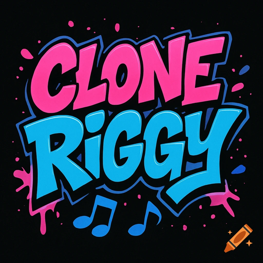 A vibrant pink and blue graffiti-style logo spells "CLONE RIGGY" with paint splatters and musical notes on a black background.
