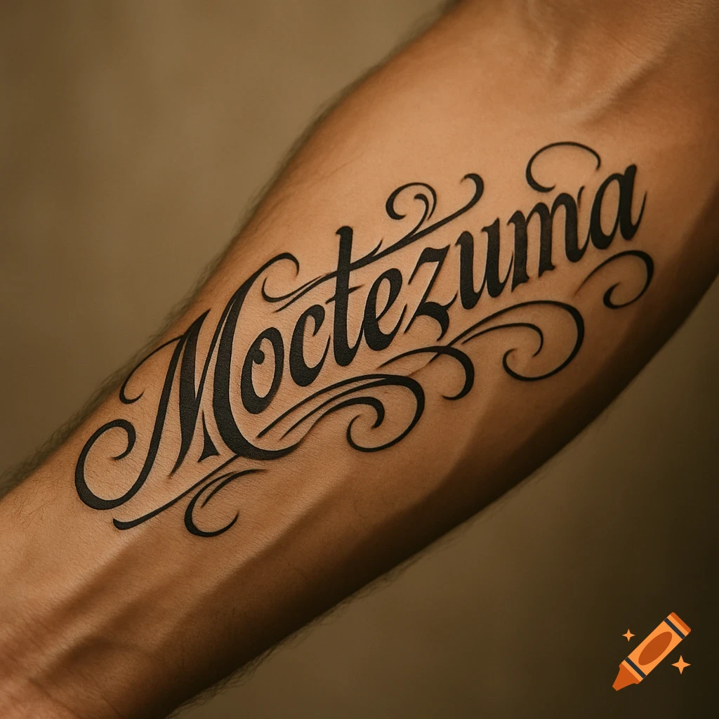 A close-up of a person's forearm with a 'Moctezuma' name tattoo in black fancy cursive script.