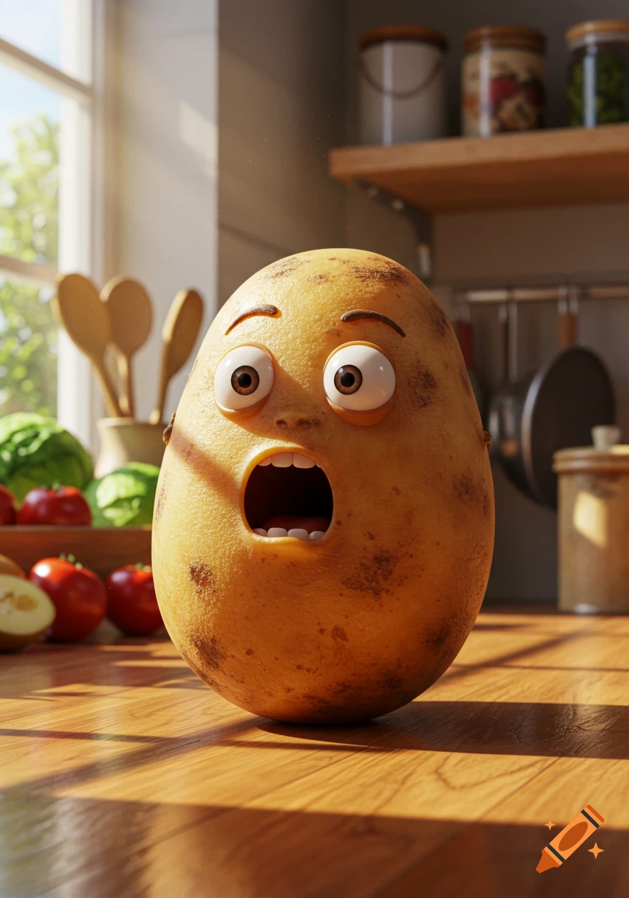 A shocked, cartoonish 3D potato with wide eyes and an open mouth sits on a wooden kitchen counter.