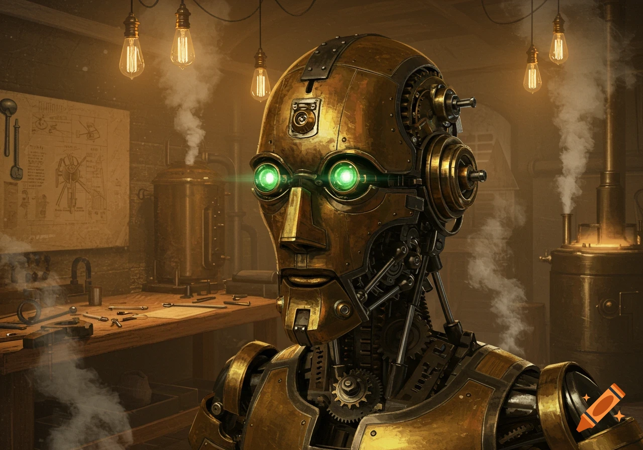 A detailed steampunk robot with glowing green eyes in a dimly lit, steamy workshop filled with tools and machinery.