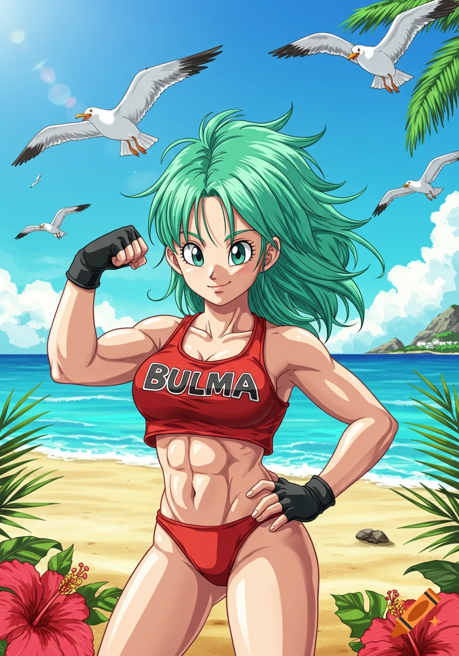 Green-haired anime character Bulma flexing her bicep on a sunny beach.
