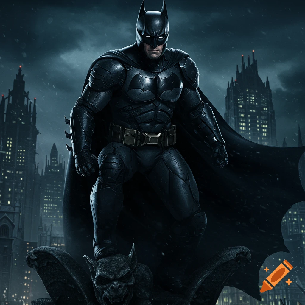 Photorealistic image of Batman in an armored suit, standing on a gargoyle overlooking Gotham city at night, with cinematic lighting.