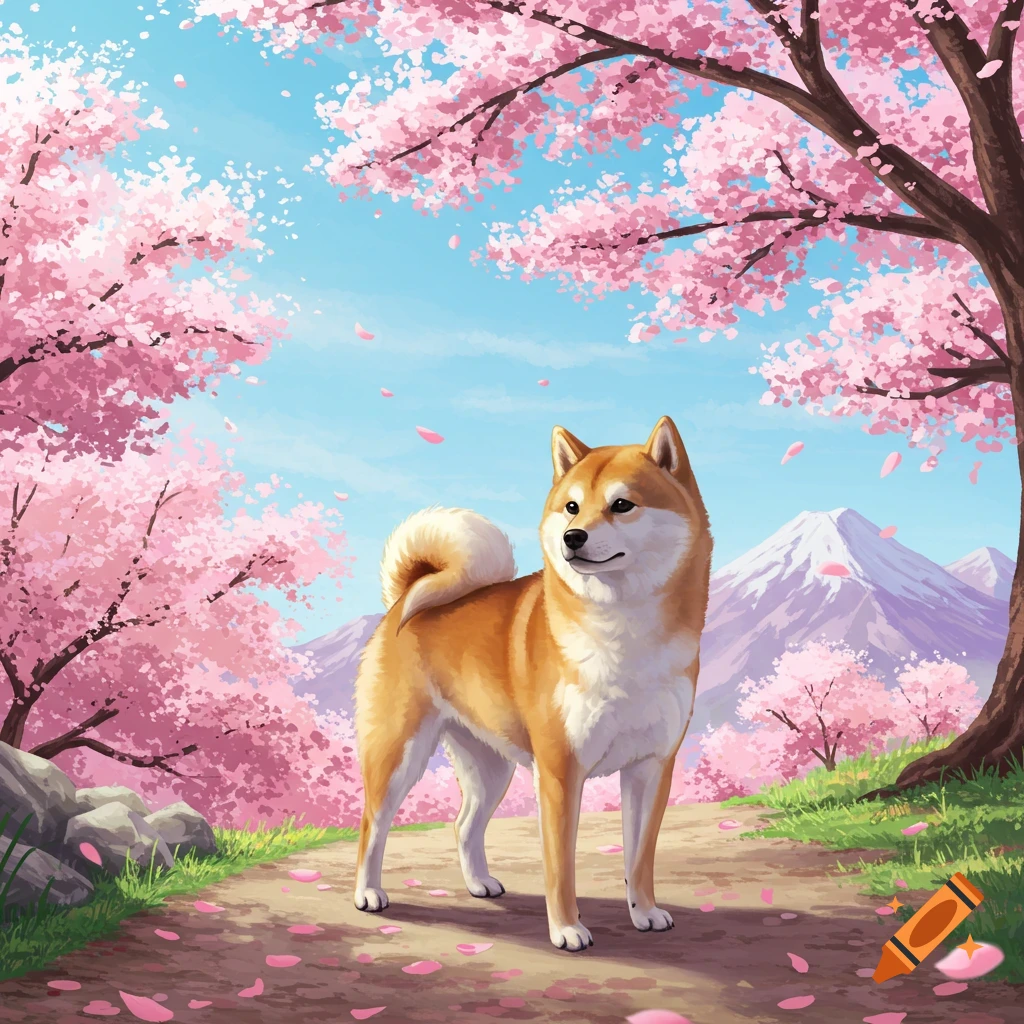A cute Shiba Inu dog stands on a path amidst pink cherry blossom trees, with mountains in the background, in an illustrative style.