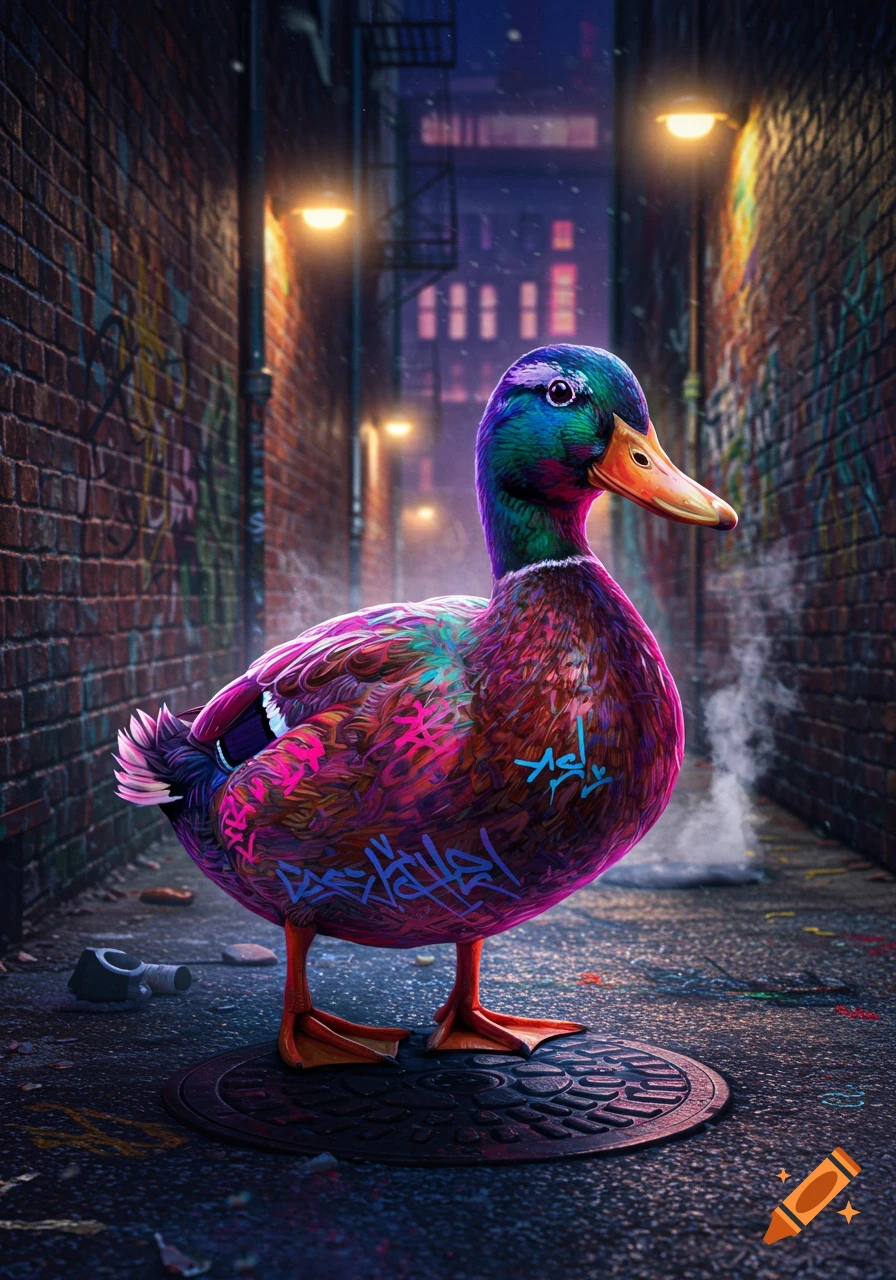 A colorful duck covered in neon-colored graffiti stands on a manhole cover in a dark, brick-walled urban alley at night, illuminated by streetlights.