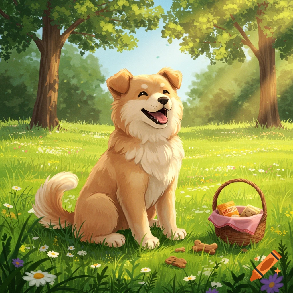 A happy cartoon puppy sits in a sunny green field with a picnic basket and dog treats.
