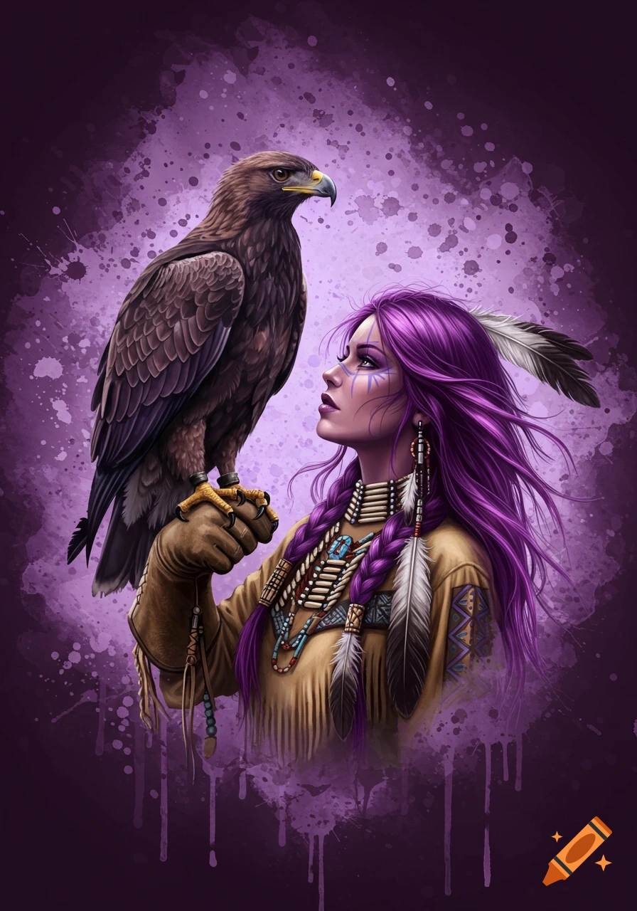 A fantasy portrait of a Native American warrior woman with flowing purple hair, holding an eagle, against a purple watercolor background.