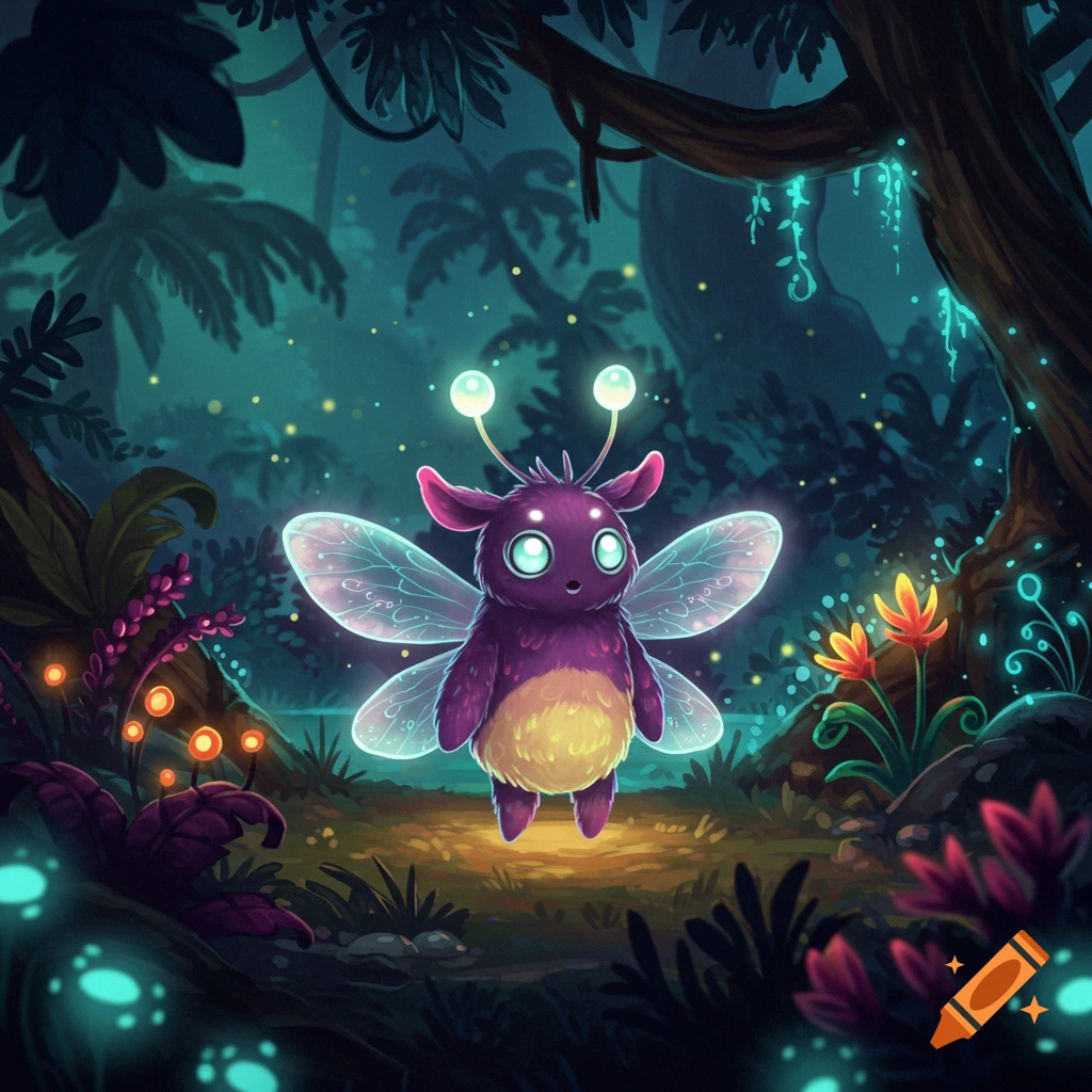 A cute, purple, fluffy moth-like creature with glowing eyes and wings stands in a magical, glowing forest.