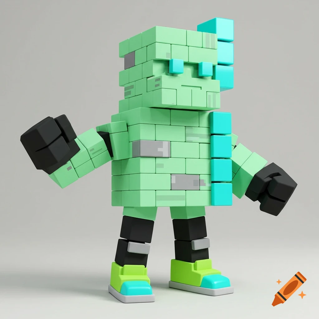 A mint-green block figure with black arms, gray stripes, and lime-green and cyan shoes stands against a light background.