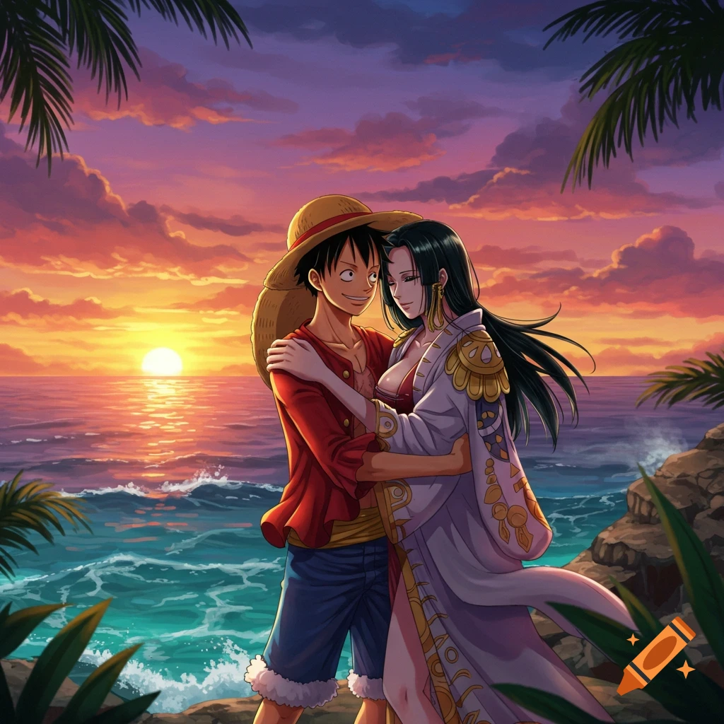 Luffy and Hancock embrace on a beach at sunset, with palm trees and ocean waves, in an anime style.