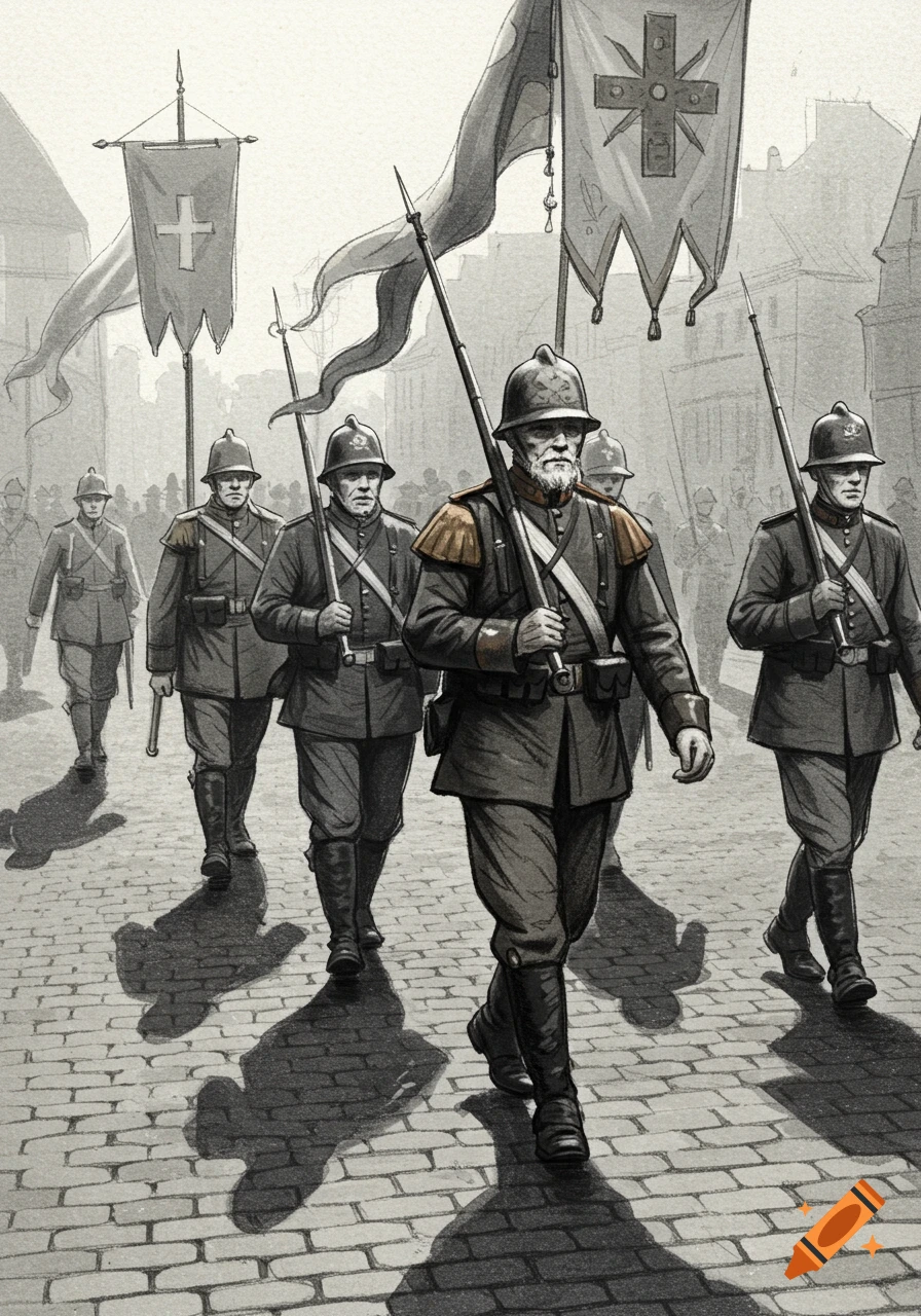 Old military soldiers march down a cobblestone street, holding rifles and banners, in a grayscale sketch illustration.