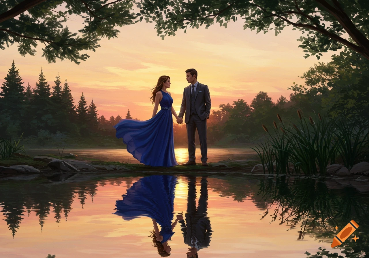 A man in a suit and a woman in a blue dress hold hands by a tranquil lake at sunset, their reflections visible in the water, framed by trees.