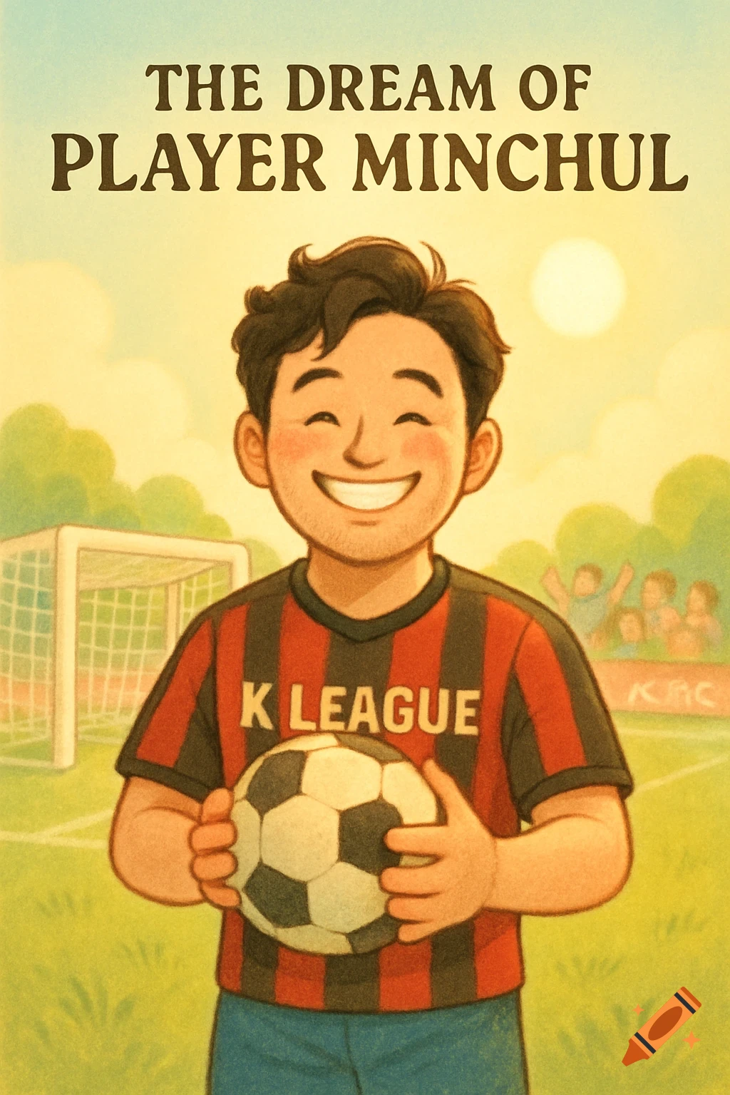 A smiling cartoon man in a red and black striped 'K LEAGUE' soccer jersey holds a soccer ball. Text above reads 'THE DREAM OF PLAYER MINCHUL'. He stands on a sunny soccer field with a goal and spectators in the background, in a friendly, warm digital illustration style.