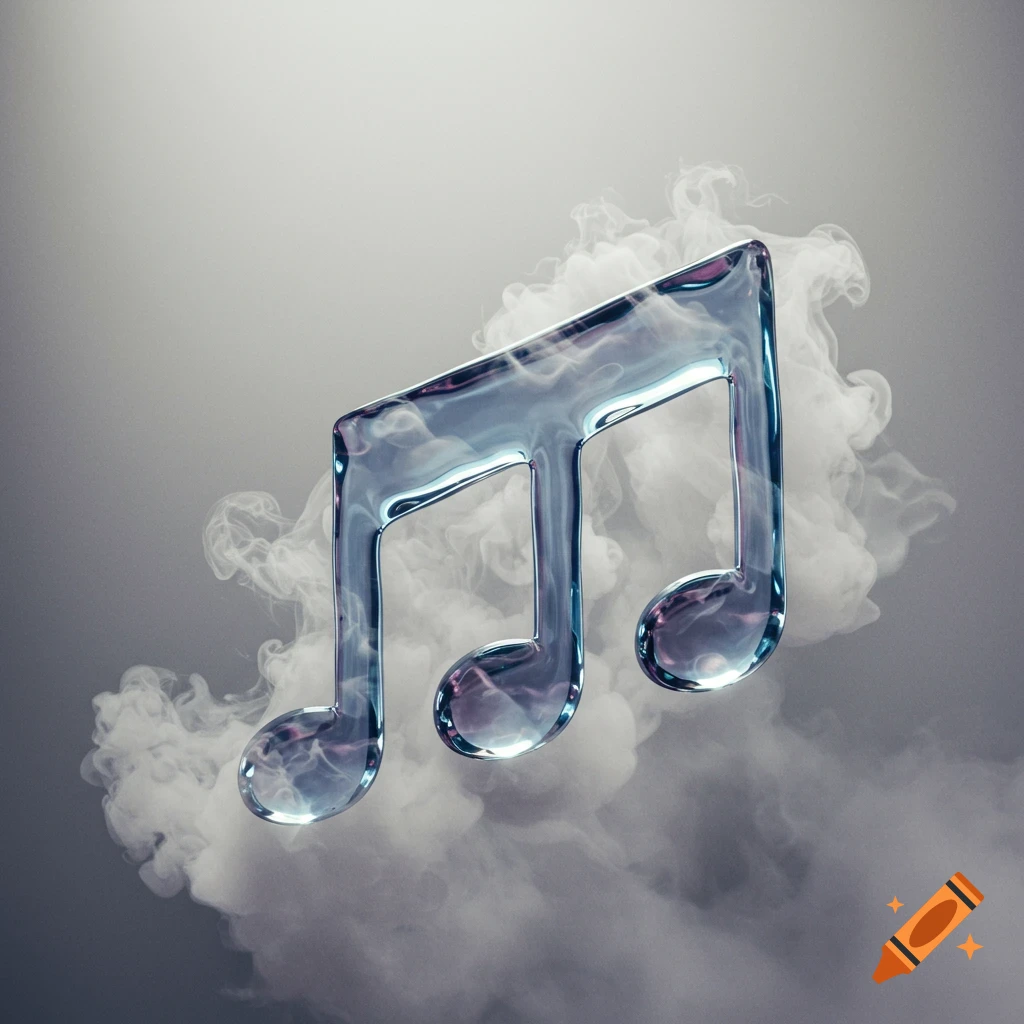 A shimmering, translucent glass musical note surrounded by swirling white smoke on a gradient gray background.