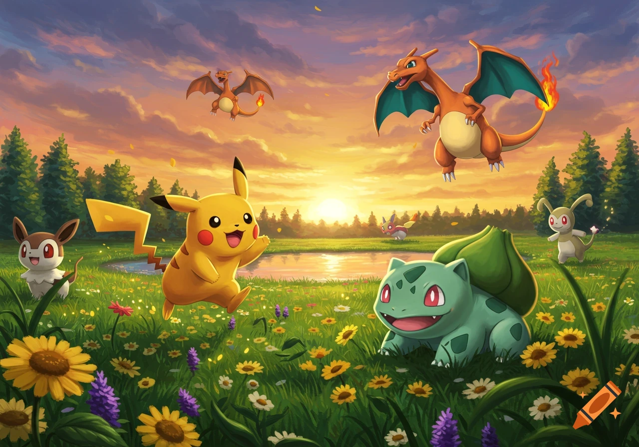 Pikachu, Bulbasaur, and Charizard fly and run with other Pokémon in a vibrant, flower-filled field at sunset, illustration style.