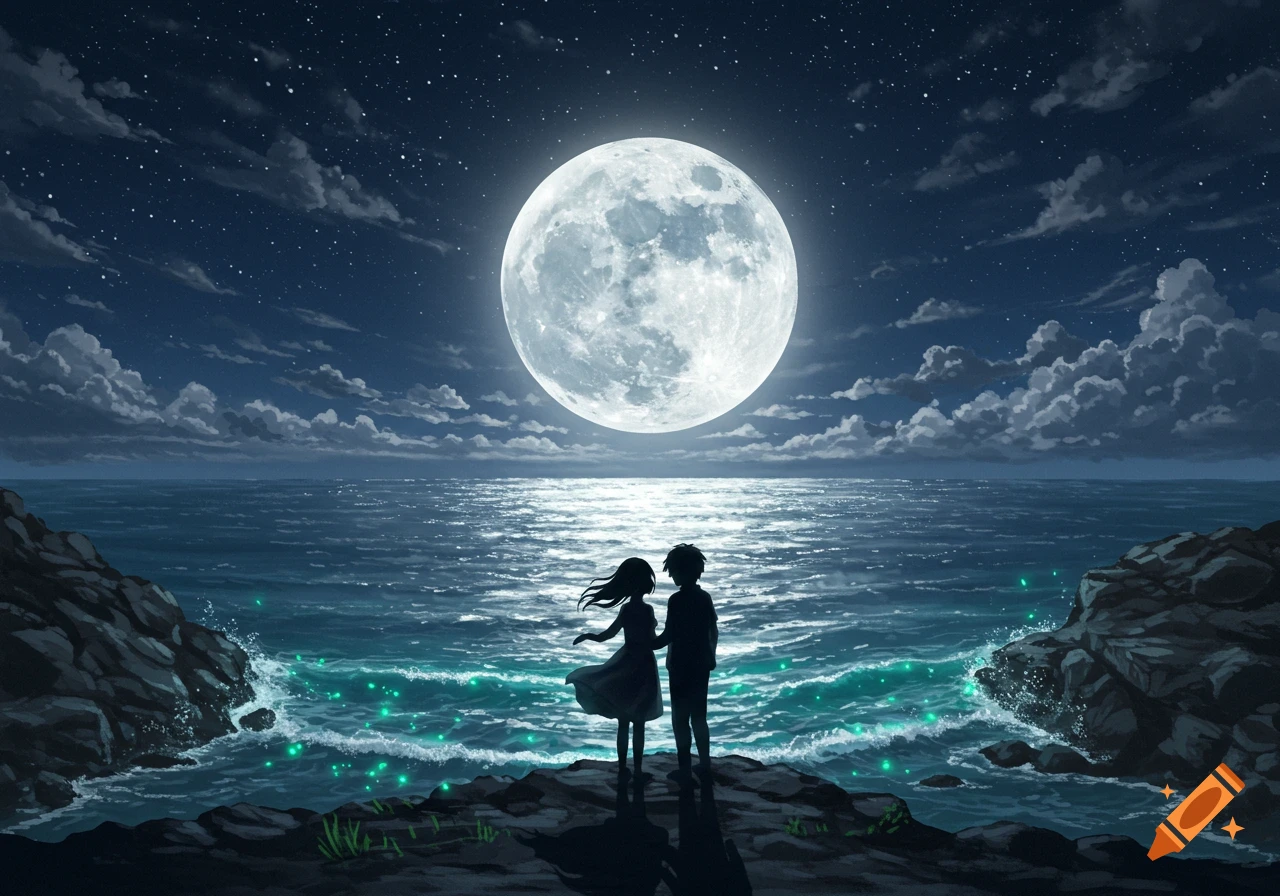 Silhouetted girl and guy stand on rocky shore, gazing at a large full moon over a glowing ocean in anime style.
