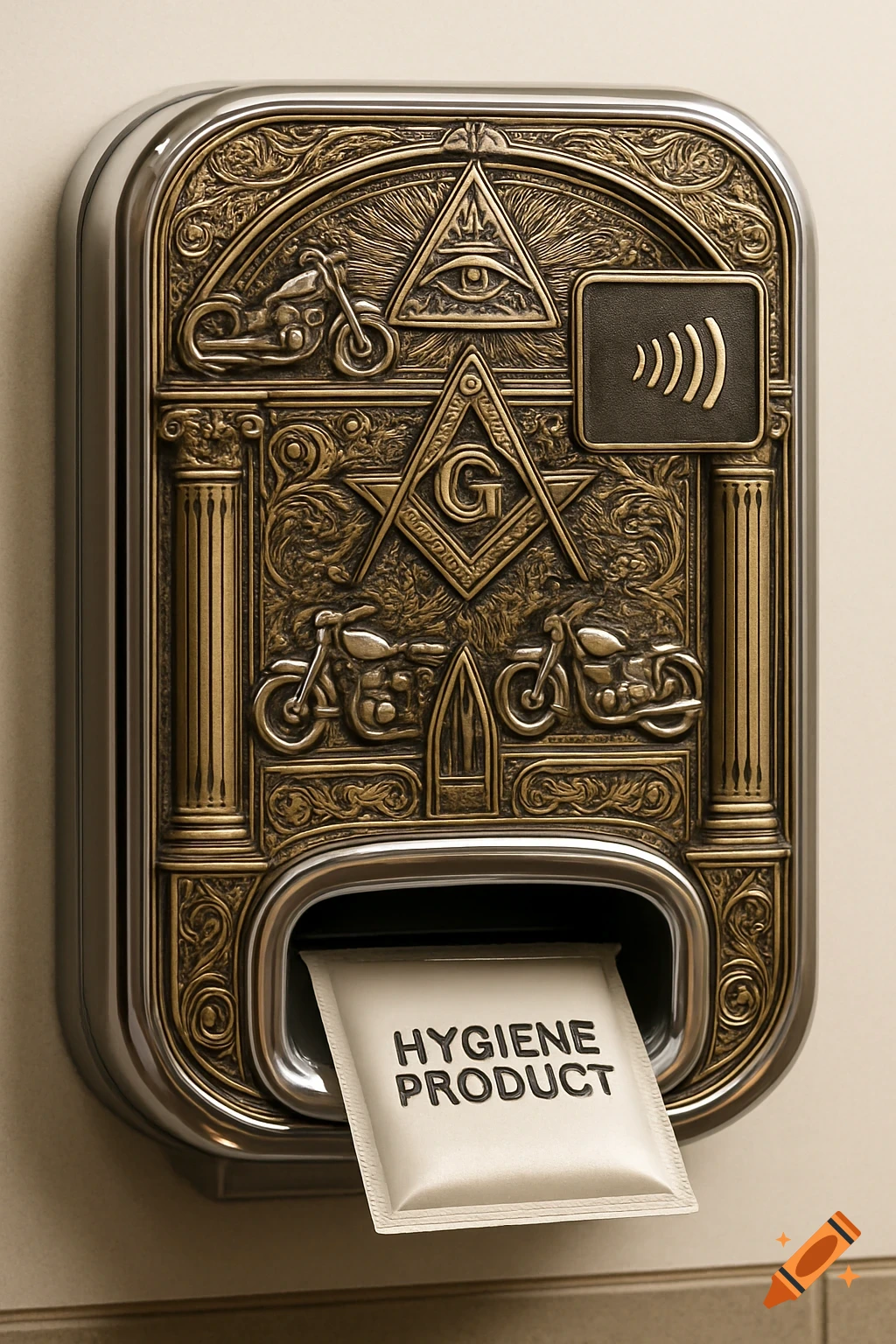 Ornate brass and silver hygiene product dispenser with Masonic symbols, motorcycles, and architectural details, dispensing a packet labeled 'HYGIENE PRODUCT'.