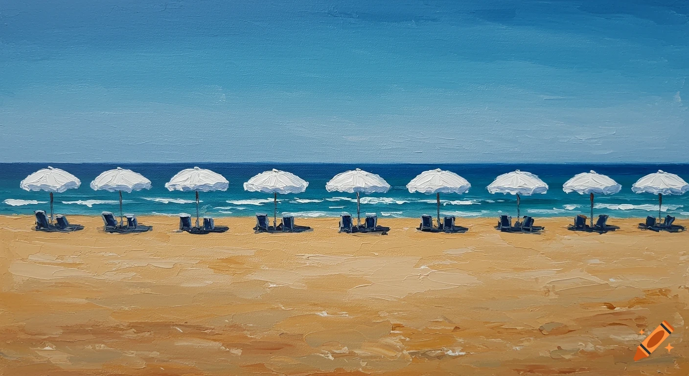 Abstract oil painting of a row of white beach umbrellas and chairs on a sandy beach next to the blue ocean under a clear sky.