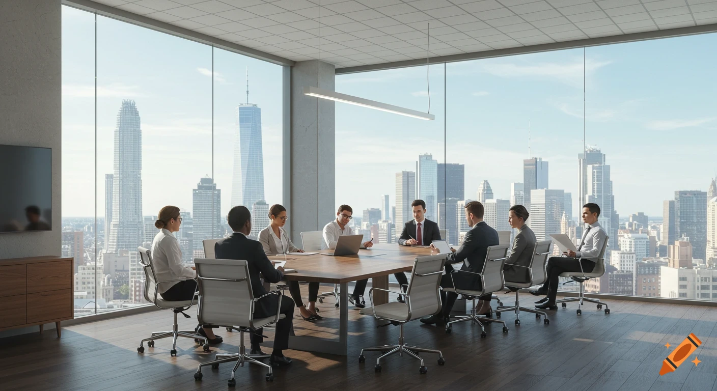 A diverse group of business professionals in a modern meeting room with large windows overlooking a city skyline, photorealistic.
