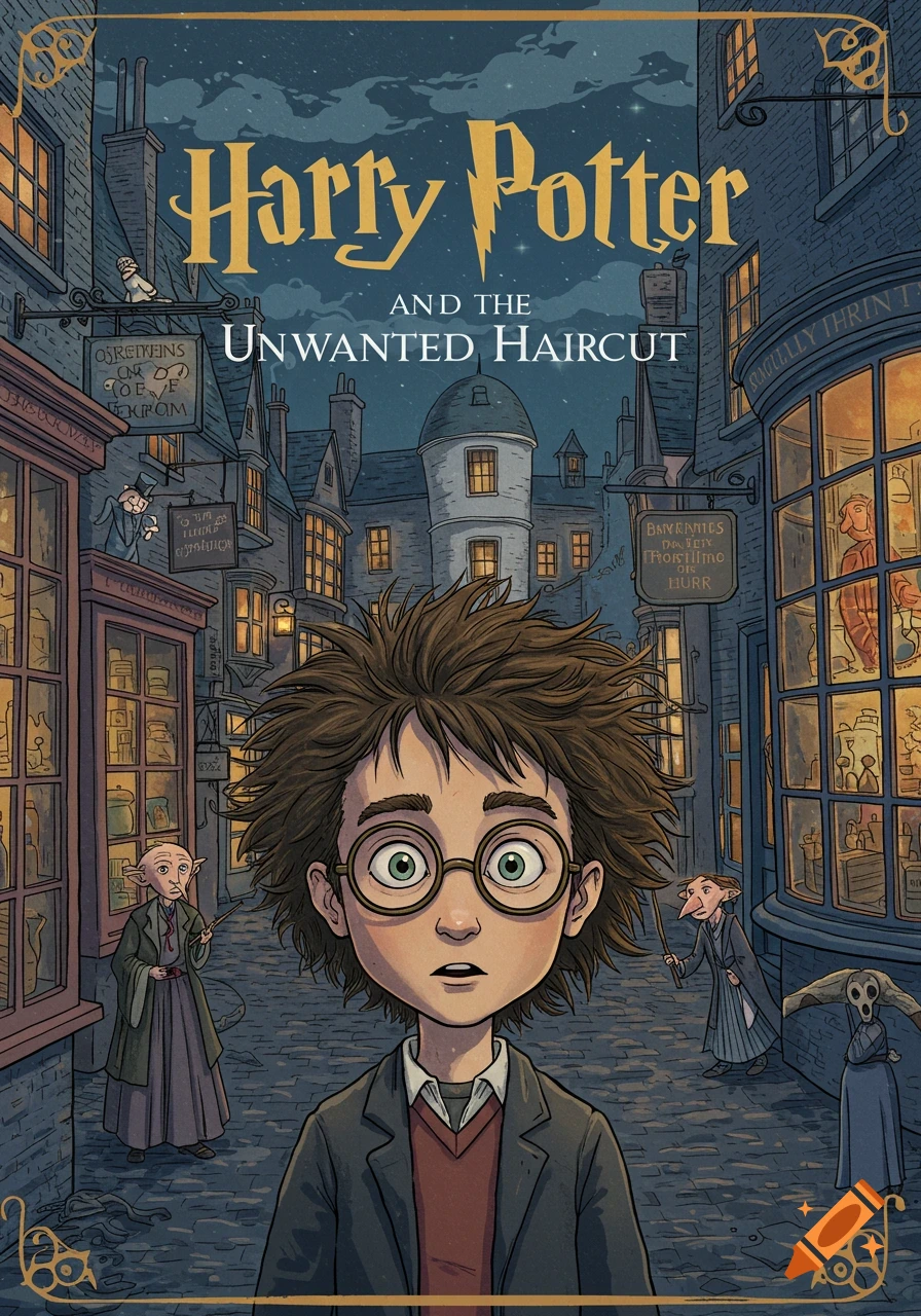An illustrated book cover for "Harry Potter and the Unwanted Haircut," featuring a messy-haired Harry Potter looking wide-eyed on a magical street.