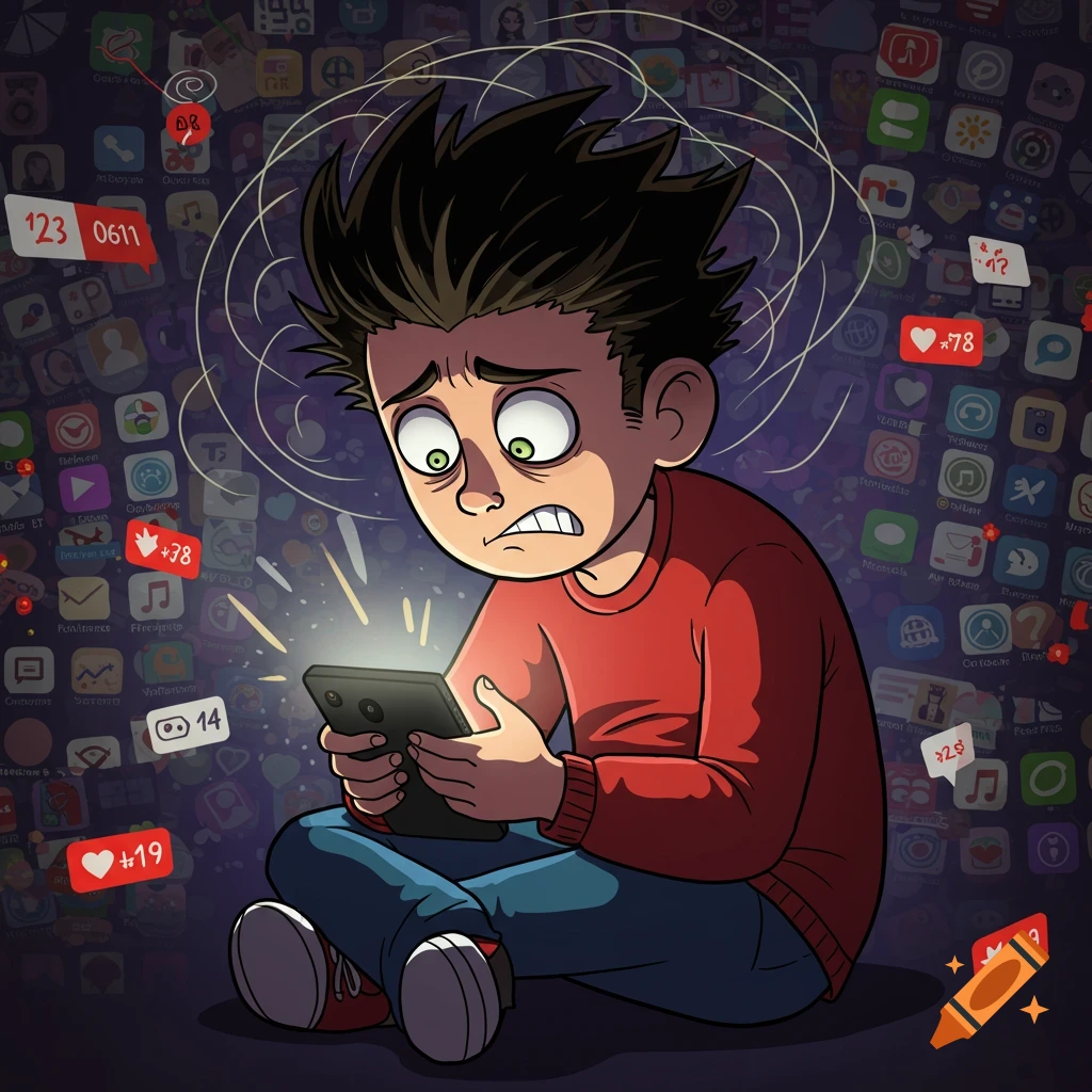 A cartoon boy with messy hair sits, looking stressed and overwhelmed by a glowing smartphone, surrounded by social media icons.