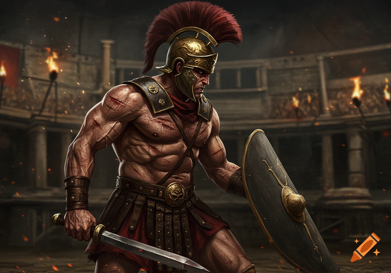 Muscular, battle-scarred Roman warrior in a gladiatorial arena, holding a sword and shield, in a dark, detailed style.