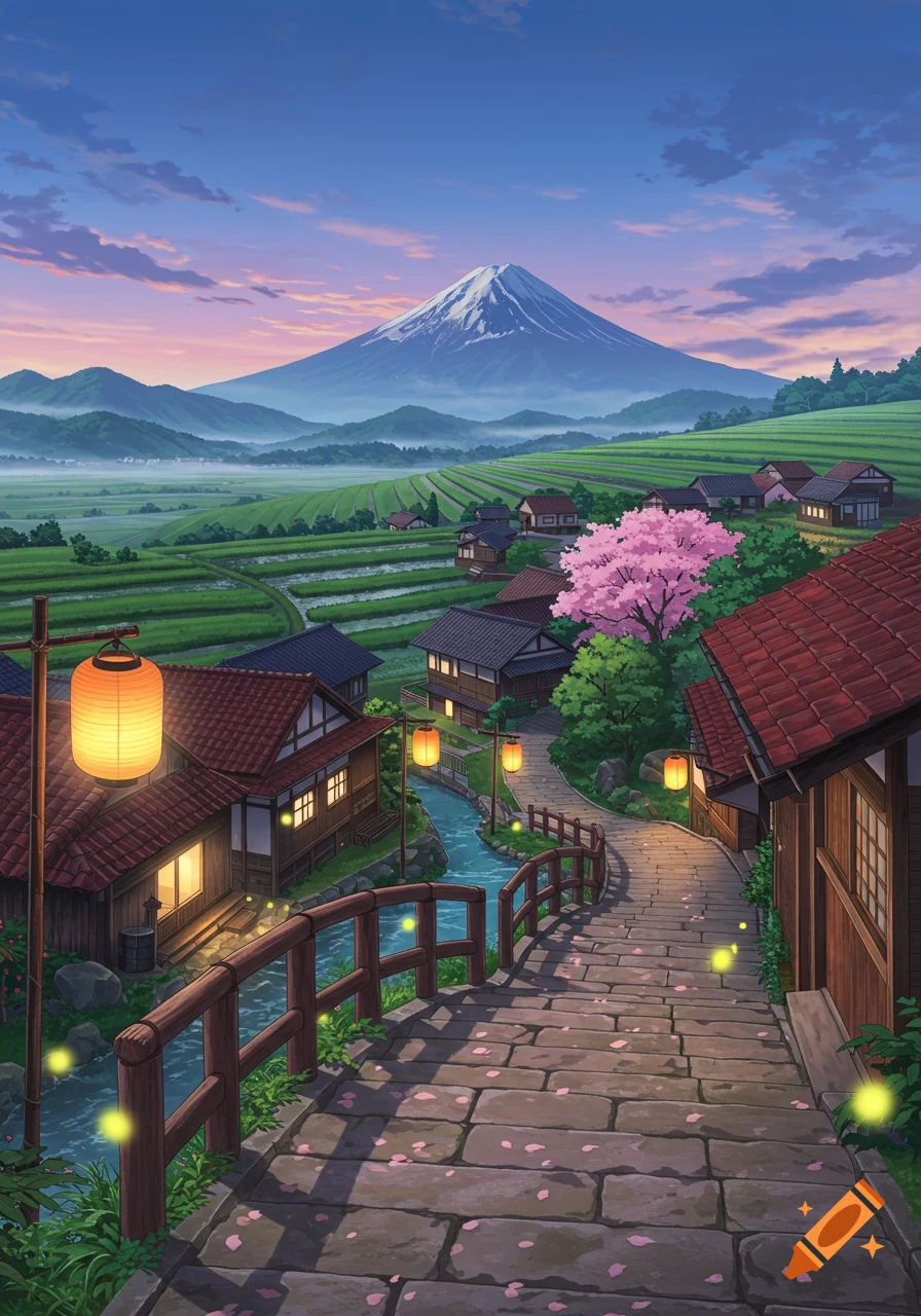 Anime-style scenic view of a Japanese village with traditional houses, cherry blossoms, and Mount Fuji under a colorful sunset sky.