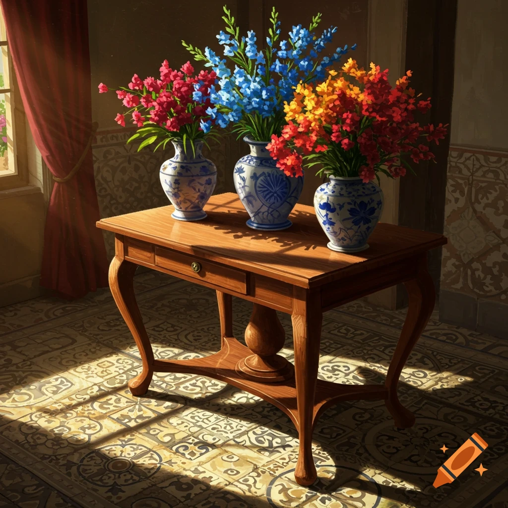 Three ornate vases with colorful flowers on a wooden table in a sunlit room with patterned tiled floors.