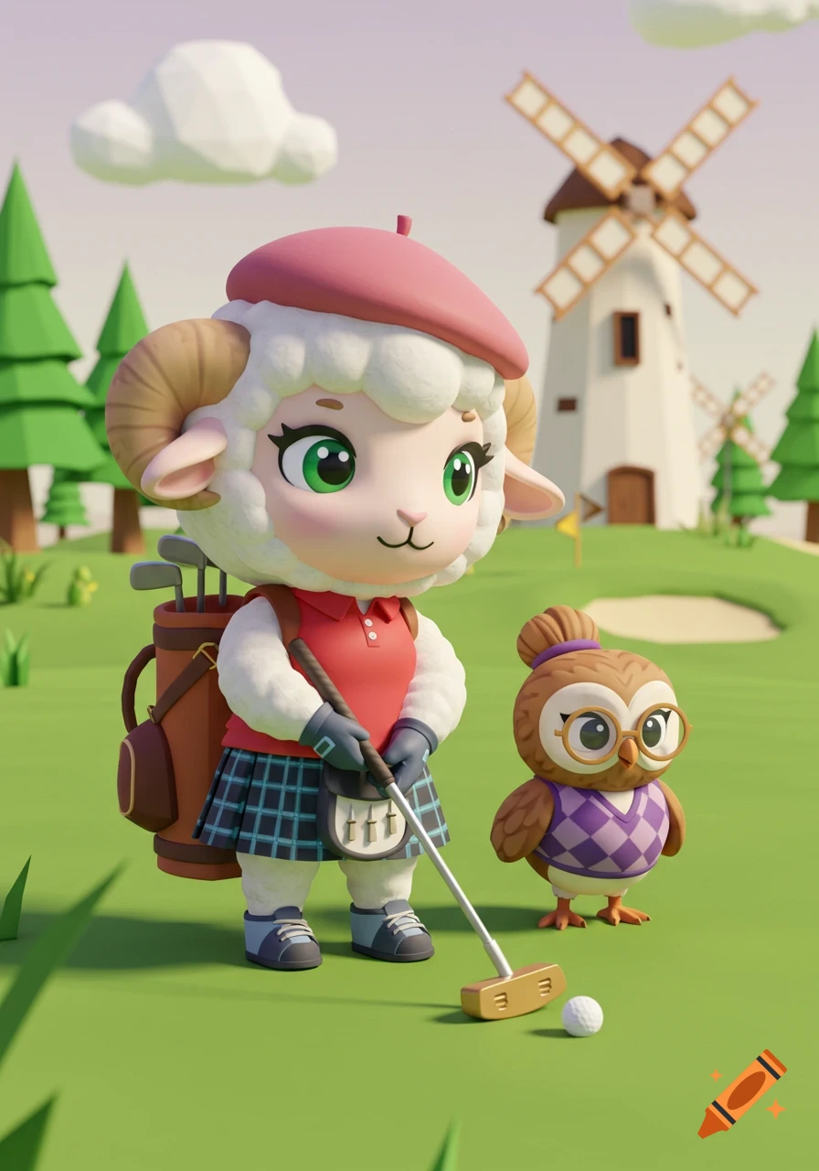 A cute chibi lamb in Scottish attire playing golf, with a small owl in glasses watching on a low-poly golf course with a windmill.