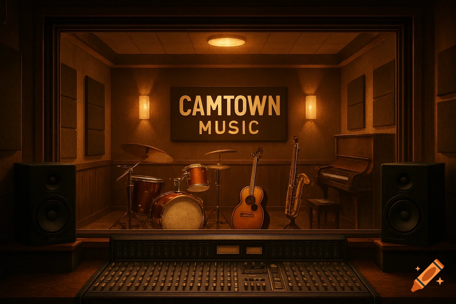 View from a recording studio control board into a live room with drums, acoustic guitar, saxophone, piano, and a 'CAMTOWN MUSIC' sign.